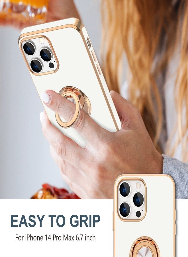 Hython for iPhone 14 Pro Max Case with Ring Stand [360° Rotatable Ring Holder Magnetic Kickstand] [Support Car Mount] Plated Gold Edge Slim Soft TPU Luxury Protective Phone Case Cover, White - Image 2